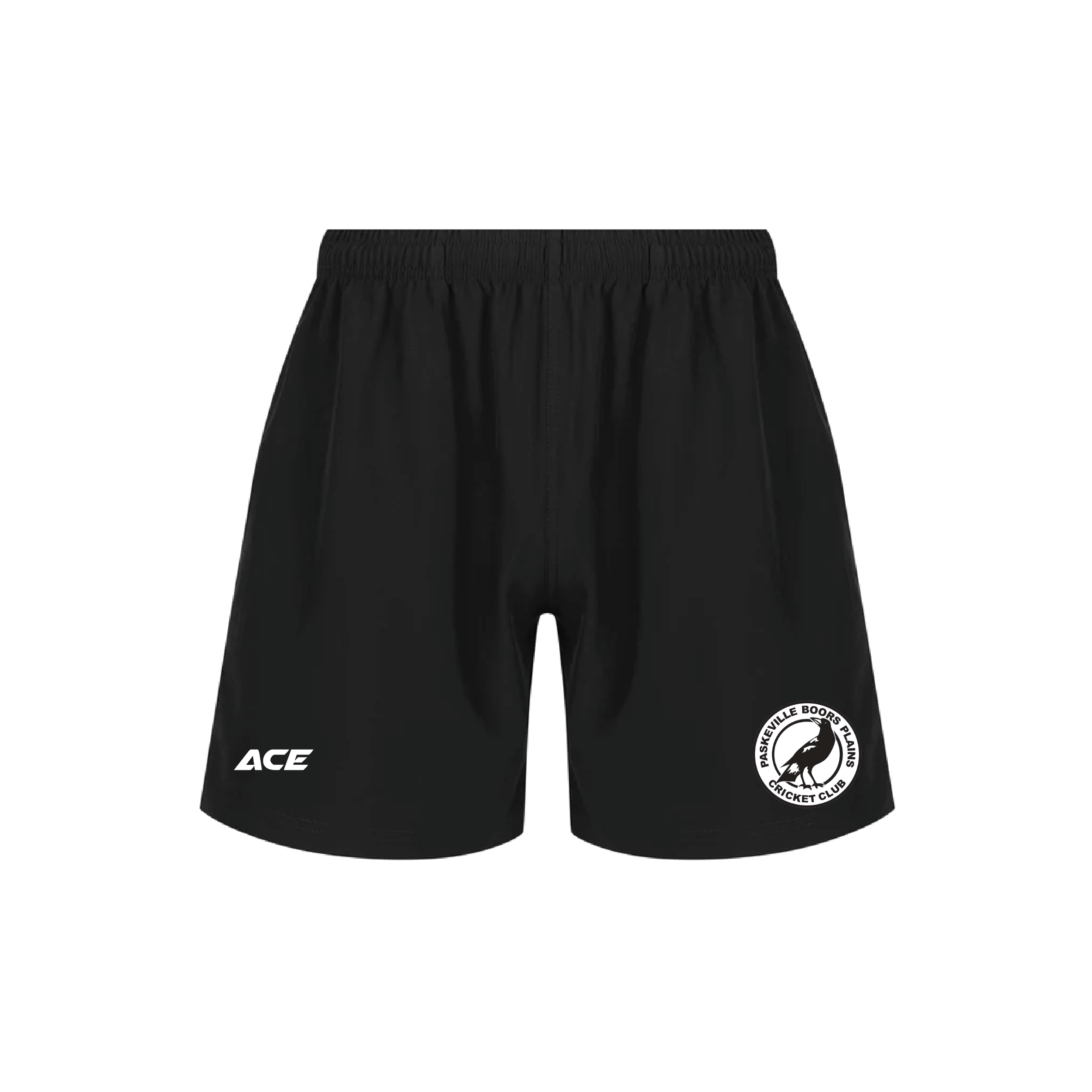 Black shorts with ACE logo on a white background