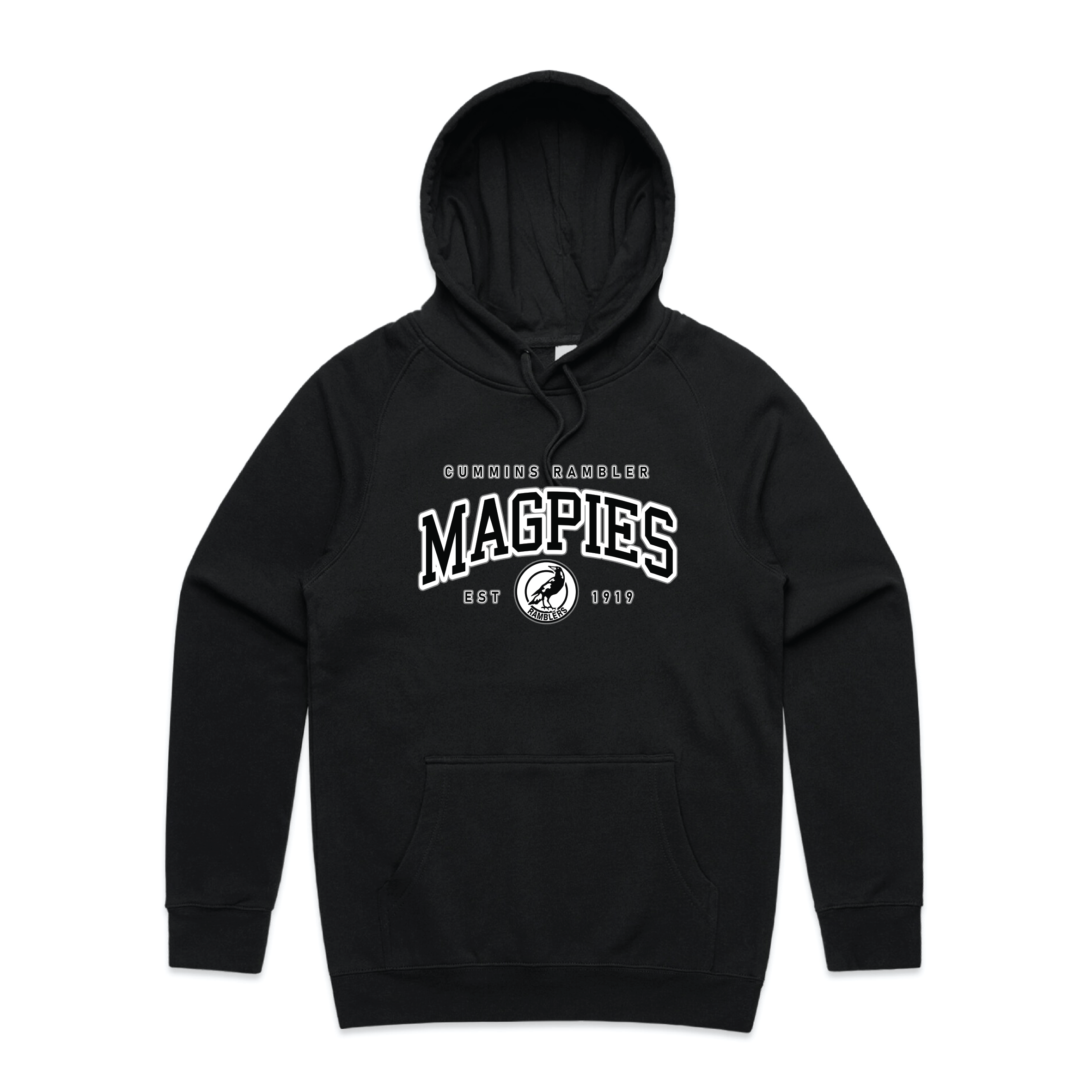 Black hoodie with 'PREMIERS 2024' text and graphic on the back, featuring a kangaroo pocket, hood, and ribbing on the sleeve cuffs.