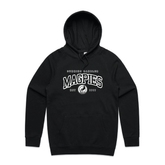 Black hoodie with 'PREMIERS 2024' text and graphic on the back, featuring a kangaroo pocket, hood, and ribbing on the sleeve cuffs.