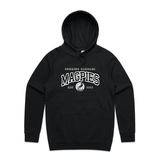 Black hoodie with 'PREMIERS 2024' text and graphic on the back, featuring a kangaroo pocket, hood, and ribbing on the sleeve cuffs.