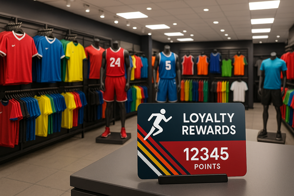 create an image of a sports uniform shop with a loyalty rewards card